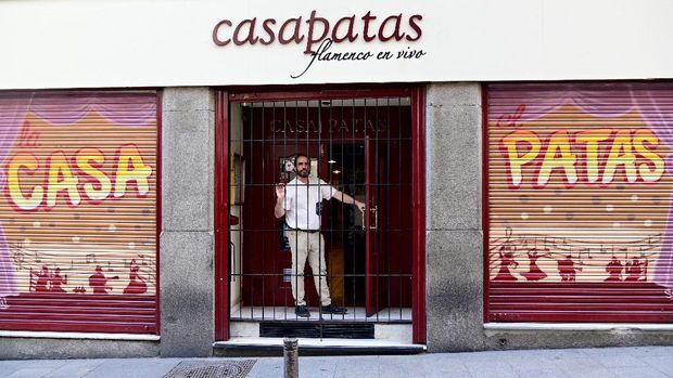 Casa Patas owner Martin Guerrero poses during an interview with AFP in Madrid on June 15, 2020. - After 32 years, the curtain has finally fallen at Madrid's Casa Patas flamenco club, its vibrant shows silenced by the epidemic which has dealt a dramatic blow to Spain's flamenco 'tablaos'. Hugely popular with tourists, these flamenco clubs say the pandemic has put them 