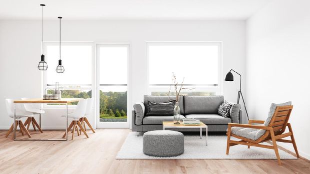 Modern living room with dining room. Render image.