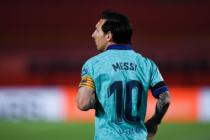 MALLORCA, SPAIN - JUNE 13: Lionel Messi of FC Barcelona looks on during the Liga match between RCD Mallorca and FC Barcelona at Estadio de Son Moix on June 13, 2020 in Mallorca, Spain. (Photo by David Ramos/Getty Images)