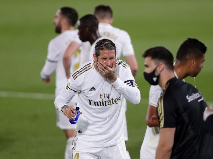 A view of the Alfredo di Stefano stadium during the Spanish La Liga soccer match between Real Madrid and Valencia, in Madrid, Spain, Thursday, June 18, 2020. (AP Photo/Manu Fernandez)