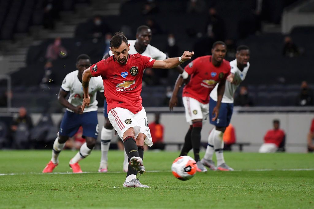 LONDON, ENGLAND - JUNE 19:  Bruno Fernandes scores his sides first goal from the penalty spot during the Premier League match between Tottenham Hotspur and Manchester United at Tottenham Hotspur Stadium on June 19, 2020 in London, England. (Photo by Matt Childs/ Pool via Getty Images)