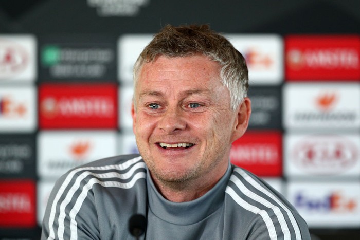 MANCHESTER, ENGLAND - FEBRUARY 26: Ole Gunnar Solskjaer, Manager of Manchester United reacts during a press conference ahead of their UEFA Europa League round of 32 second leg match against Club Brugge at Aon Training Complex on February 26, 2020 in Manchester, United Kingdom. (Photo by Jan Kruger/Getty Images)