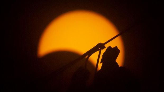 A figure on a roof eave of the historic Bell Tower is silhouetted by the sun during a partial solar eclipse in Beijing, Sunday, June 21, 2020. (AP Photo/Mark Schiefelbein)