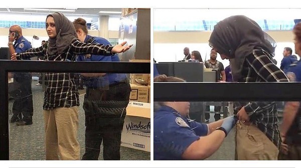 Wanita berhijab yang diperika petugas di Bandara Boston, AS.