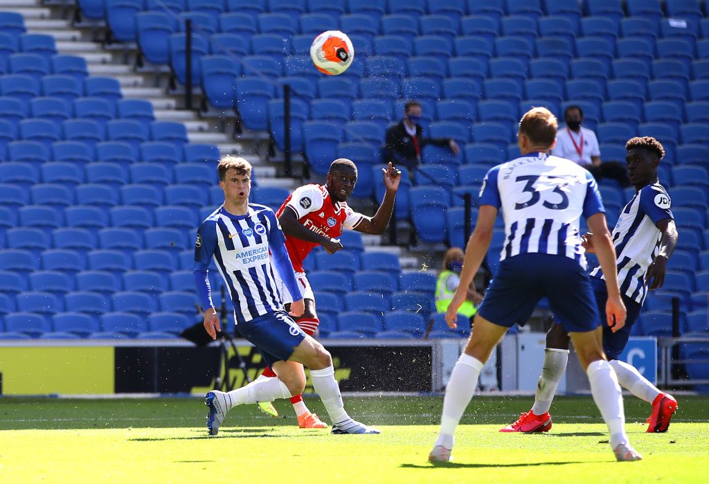 BIRMINGHAM, ENGLAND - JUNE 21: Olivier Giroud of Chelsea scores his team's second goal during the Premier League match between Aston Villa and Chelsea FC at Villa Park on June 21, 2020 in Birmingham, England. Football Stadiums around Europe remain empty due to the Coronavirus Pandemic as Government social distancing laws prohibit fans inside venues resulting in all fixtures being played behind closed doors. (Photo by Catherine Ivill/Getty Images)