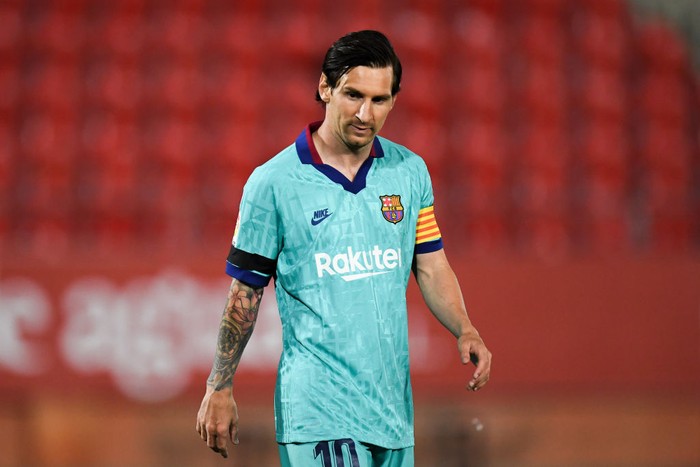 MALLORCA, SPAIN - JUNE 13: Lionel Messi of FC Barcelona looks on during the Liga match between RCD Mallorca and FC Barcelona at Estadio de Son Moix on June 13, 2020 in Mallorca, Spain. (Photo by David Ramos/Getty Images)