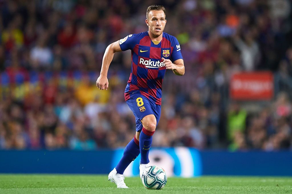 BARCELONA, SPAIN - OCTOBER 06: Arthur Melo of FC Barcelona in action  during the Liga match between FC Barcelona and Sevilla FC at Camp Nou on October 06, 2019 in Barcelona, Spain. (Photo by Aitor Alcalde/Getty Images)