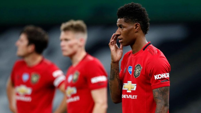 LONDON, ENGLAND - JUNE 19: Marcus Rashford of Manchester United looks on during the Premier League match between Tottenham Hotspur and Manchester United at Tottenham Hotspur Stadium on June 19, 2020 in London, England. (Photo by Matt Childs/ Pool via Getty Images)