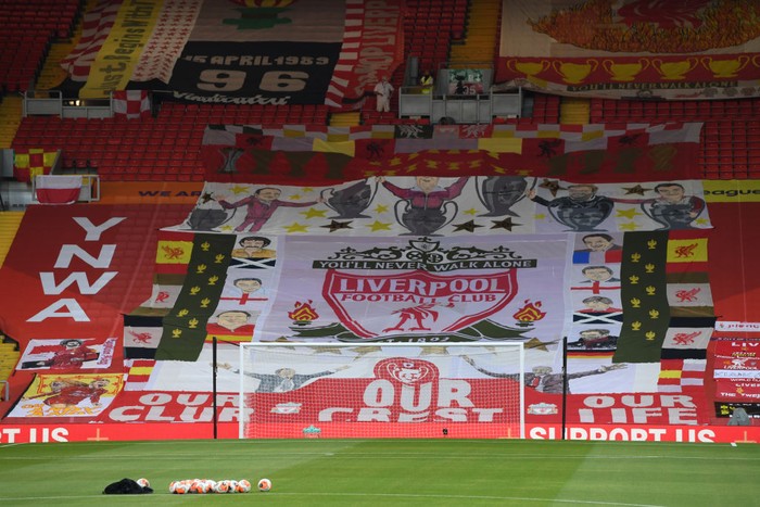 LIVERPOOL, ENGLAND - JUNE 24: Liverpool banners are seen covering the empty seats ahead of the Premier League match between Liverpool FC and Crystal Palace at Anfield on June 24, 2020 in Liverpool, England. (Photo by Shaun Botterill/Getty Images)