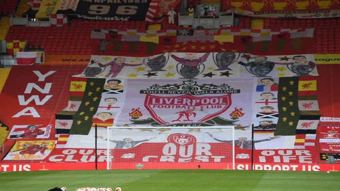 LIVERPOOL, ENGLAND - JUNE 24: Liverpool banners are seen covering the empty seats ahead of the Premier League match between Liverpool FC and Crystal Palace at Anfield on June 24, 2020 in Liverpool, England. (Photo by Shaun Botterill/Getty Images)