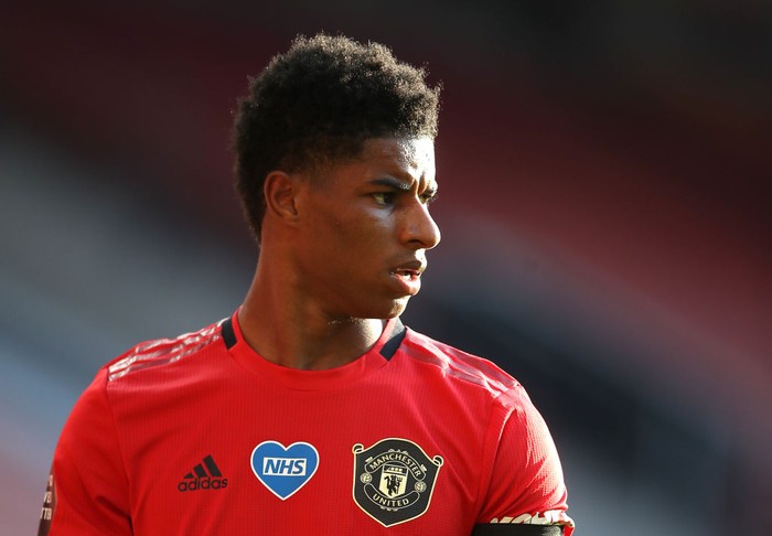 MANCHESTER, ENGLAND - JUNE 24: Marcus Rashford of Manchester United looks on during the Premier League match between Manchester United and Sheffield United at Old Trafford on June 24, 2020 in Manchester, England. (Photo by Martin Rickett/Pool via Getty Images)