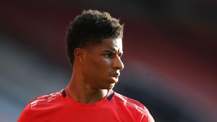 MANCHESTER, ENGLAND - JUNE 24: Marcus Rashford of Manchester United looks on during the Premier League match between Manchester United and Sheffield United at Old Trafford on June 24, 2020 in Manchester, England. (Photo by Martin Rickett/Pool via Getty Images)