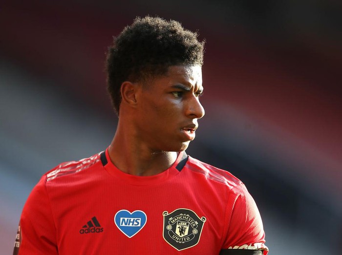 MANCHESTER, ENGLAND - JUNE 24: Marcus Rashford of Manchester United looks on during the Premier League match between Manchester United and Sheffield United at Old Trafford on June 24, 2020 in Manchester, England. (Photo by Martin Rickett/Pool via Getty Images)