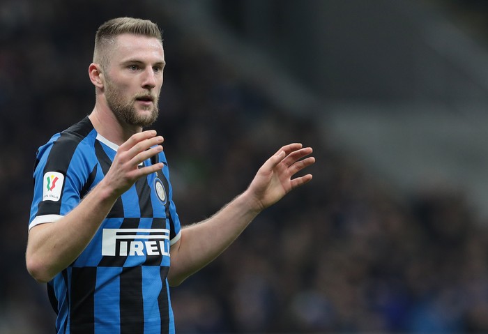 MILAN, ITALY - FEBRUARY 12:  Milan Skriniar of FC Internazionale gestures during the Coppa Italia Semi Final match between FC Internazionale and SSC Napoli at Stadio Giuseppe Meazza on February 12, 2020 in Milan, Italy.  (Photo by Emilio Andreoli/Getty Images)