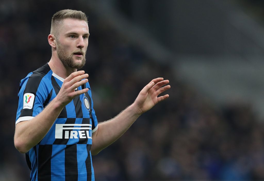 MILAN, ITALY - FEBRUARY 12:  Milan Skriniar of FC Internazionale gestures during the Coppa Italia Semi Final match between FC Internazionale and SSC Napoli at Stadio Giuseppe Meazza on February 12, 2020 in Milan, Italy.  (Photo by Emilio Andreoli/Getty Images)