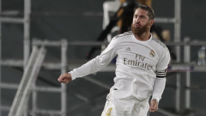 Real Madrids Sergio Ramos celebrates after scoring his sides second goal during the Spanish La Liga soccer match between Real Madrid and Mallorca at Alfredo di Stefano stadium in Madrid, Spain, Wednesday, June 24, 2020. (AP Photo/Bernat Armangue)