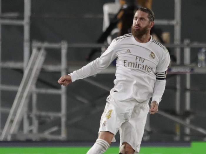 Real Madrids Sergio Ramos celebrates after scoring his sides second goal during the Spanish La Liga soccer match between Real Madrid and Mallorca at Alfredo di Stefano stadium in Madrid, Spain, Wednesday, June 24, 2020. (AP Photo/Bernat Armangue)