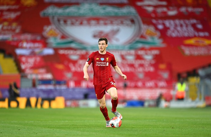 LIVERPOOL, ENGLAND - JUNE 24: Andy Robertson of Liverpool in action during the Premier League match between Liverpool FC and Crystal Palace at Anfield on June 24, 2020 in Liverpool, England. (Photo by Shaun Botterill/Getty Images)