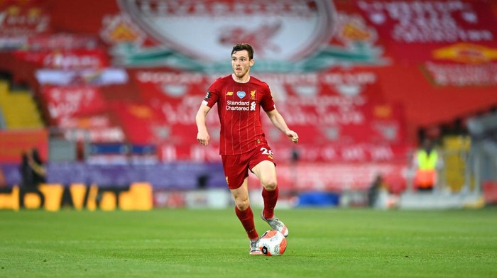 LIVERPOOL, ENGLAND - JUNE 24: Andy Robertson of Liverpool in action during the Premier League match between Liverpool FC and Crystal Palace at Anfield on June 24, 2020 in Liverpool, England. (Photo by Shaun Botterill/Getty Images)