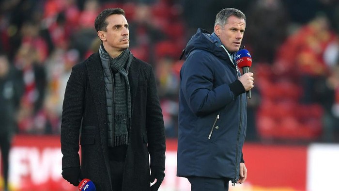 LIVERPOOL, ENGLAND - JANUARY 19: Sky Sports Pundits Gary Neville and Jamie Carragher are seen on the pitch prior to the Premier League match between Liverpool FC and Manchester United at Anfield on January 19, 2020 in Liverpool, United Kingdom. (Photo by Michael Regan/Getty Images)