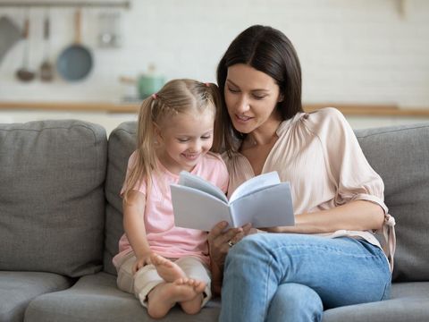 Happy mother and little daughter reading book, sitting on comfortable couch in living room, smiling mum teaching little girl child, family spending weekend at home together, children education