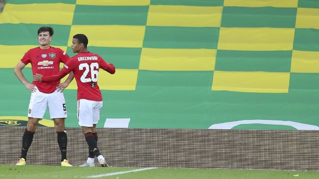 Manchester United's Harry Maguire, left, celebrates with Manchester United's Mason Greenwood after scoring his side's second goal during the FA Cup sixth round soccer match between Norwich City and Manchester United at Carrow Road stadium in Norwich, England, Saturday, June 27, 2020.(Catherine Ivill/Pool via AP)