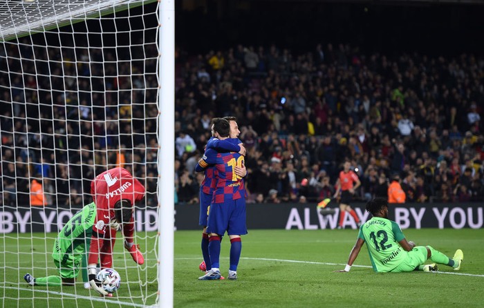 BARCELONA, SPAIN - JANUARY 30:   Arthur Melo of FC Barcelona is congratulated by team mate Lional Messi after scoring the fourth goal during the Copa del Rey Round of 16 match between FC Barcelona and CD Leganes at Camp Nou on January 30, 2020 in Barcelona, Spain. (Photo by Alex Caparros/Getty Images)