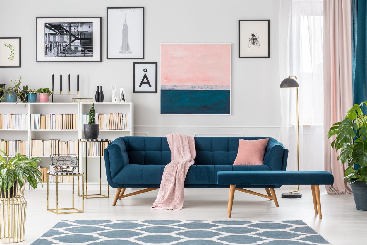 Blue bench and settee with pink blanket in elegant living room interior with bookshelf and posters