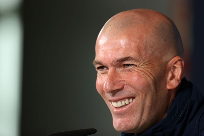 Zinedine Zidane MADRID, SPAIN - FEBRUARY 25: Zinedine Zidane, Head Coach of Real Madrid reacts during a press conference ahead of their UEFA Champions League round of 16 first leg match against Manchester City at Valdebebas training ground on February 25, 2020 in Madrid, Spain. (Photo by Angel Martinez/Getty Images)