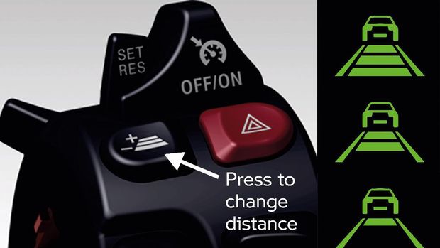Tombol pengatur Active Cruise Control milik BMW Motorrad yang berada di setang bagian kanan.