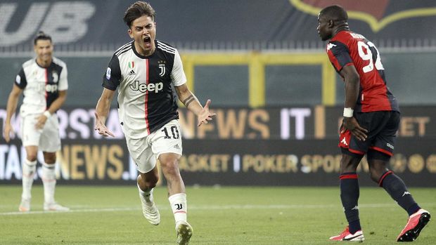 Juventus' Paulo Dybala celebrates after scoring a goal during an Italian Serie A soccer match between Genoa and Juventus at the Luigi Ferraris stadium in Genoa, Italy, Tuesday, June 30, 2020. (Tano Pecoraro/LaPresse via AP)
