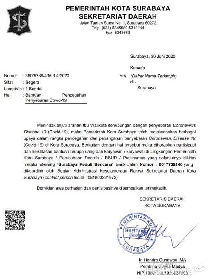 surat pemkot surabaya ajakan donasi untuk covid-19