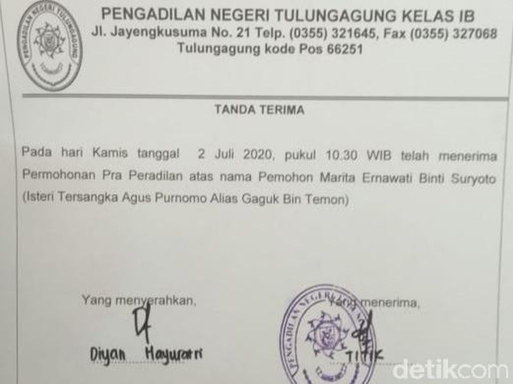 Suami Jadi Tersangka, Istri di Tulungagung Ajukan Praperadilan Suami Jadi Tersangka, Istri di Tulungagung Ajukan Praperadilan