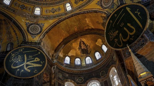 A view of the Byzantine-era Hagia Sophia, one of Istanbul's main tourist attractions in the historic Sultanahmet district of Istanbul, Thursday, June 25, 2020. The 6th-century building is now at the center of a heated debate between conservative groups who want it to be reconverted into a mosque and those who believe the World Heritage site should remain a museum. (AP Photo/Emrah Gurel)