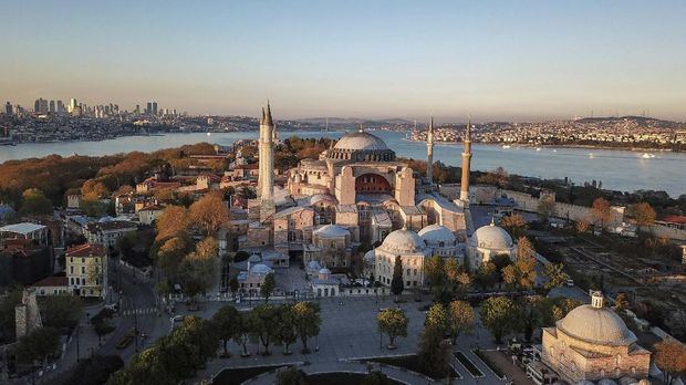 An aerial view of the Byzantine-era Hagia Sophia, on Saturday, April 25, 2020, one of Istanbul's main tourist attractions in the historic Sultanahmet district of Istanbul. The 6th-century building is now at the center of a heated debate between conservative groups who want it to be reconverted into a mosque and those who believe the World Heritage site should remain a museum. (AP Photo)