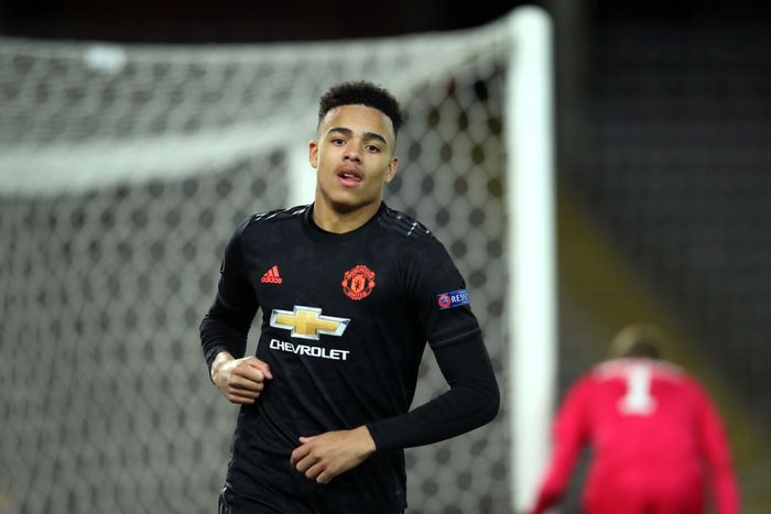 Mason Greenwood LINZ, AUSTRIA - MARCH 12: (FREE FOR EDITORIAL USE) In this handout image provided by UEFA, Mason Greenwood of Manchester United celebrates after scoring his teams fourth goal during the UEFA Europa League round of 16 first leg match between LASK and Manchester United at Linzer Stadion on March 12, 2020 in Linz, Austria. The match is played behind closed doors as a precaution against the spread of COVID-19 (Coronavirus). (Photo by UEFA - Handout/UEFA via Getty Images )