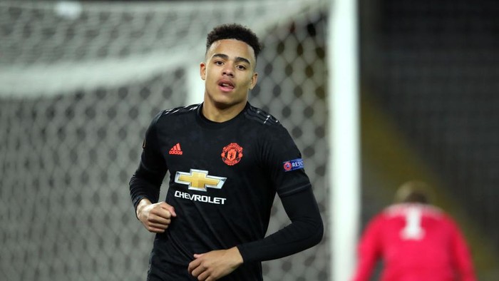 LINZ, AUSTRIA - MARCH 12: (FREE FOR EDITORIAL USE) In this handout image provided by UEFA, Mason Greenwood of Manchester United celebrates after scoring his teams fourth goal during the UEFA Europa League round of 16 first leg match between LASK and Manchester United at Linzer Stadion on March 12, 2020 in Linz, Austria. The match is played behind closed doors as a precaution against the spread of COVID-19 (Coronavirus).  (Photo by UEFA - Handout/UEFA via Getty Images )