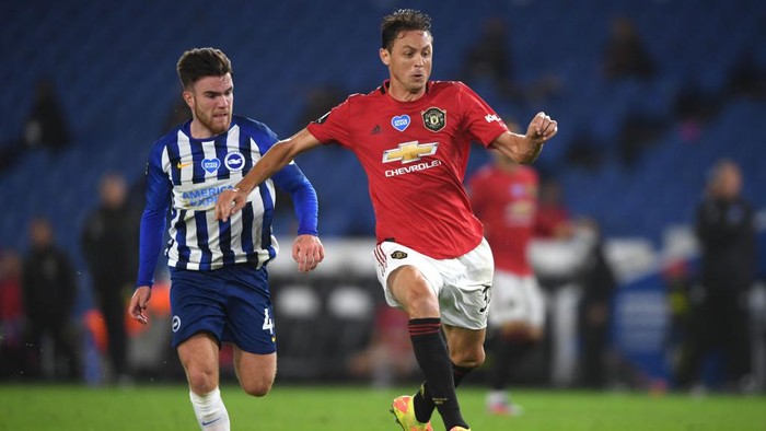 BRIGHTON, ENGLAND - JUNE 30: Nemanja Matic of Manchester United holds off Aaron Connelly of Brighton during the Premier League match between Brighton & Hove Albion and Manchester United at American Express Community Stadium on June 30, 2020 in Brighton, United Kingdom. Football Stadiums around Europe remain empty due to the Coronavirus Pandemic as Government social distancing laws prohibit fans inside venues resulting in games being played behind closed doors. (Photo by Mike Hewitt/Getty Images)