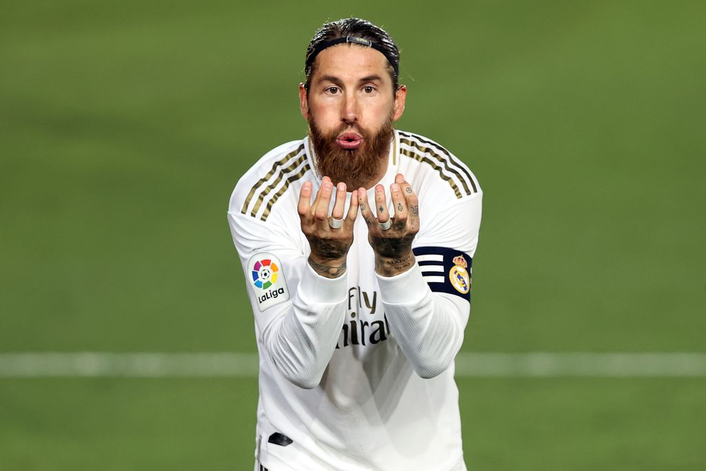 MADRID, SPAIN - JULY 02: Sergio Ramos of Real Madrid celebrates his team's first goal during the Liga match between Real Madrid CF and Getafe CF at Estadio Alfredo Di Stefano on July 02, 2020 in Madrid, Spain. Football Stadiums around Europe remain empty due to the Coronavirus Pandemic as Government social distancing laws prohibit fans inside venues resulting in all fixtures being played behind closed doors. (Photo by Angel Martinez/Getty Images)