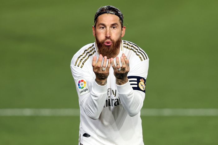 Sergio Ramos MADRID, SPAIN - JULY 02: Sergio Ramos of Real Madrid celebrates his teams first goal during the Liga match between Real Madrid CF and Getafe CF at Estadio Alfredo Di Stefano on July 02, 2020 in Madrid, Spain. Football Stadiums around Europe remain empty due to the Coronavirus Pandemic as Government social distancing laws prohibit fans inside venues resulting in all fixtures being played behind closed doors. (Photo by Angel Martinez/Getty Images)