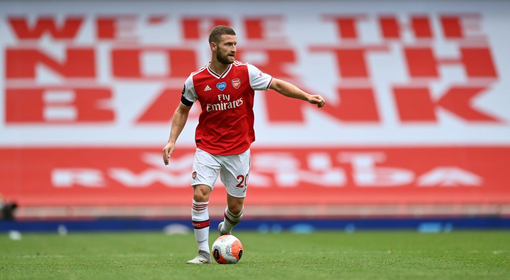 LONDON, ENGLAND - JULY 01: Shkodran Mustafi of Arsenal controls the ball during the Premier League match between Arsenal FC and Norwich City at Emirates Stadium on July 01, 2020 in London, England. Football Stadiums around Europe remain empty due to the Coronavirus Pandemic as Government social distancing laws prohibit fans inside venues resulting in all fixtures being played behind closed doors. (Photo by Shaun Botterill/Getty Images)