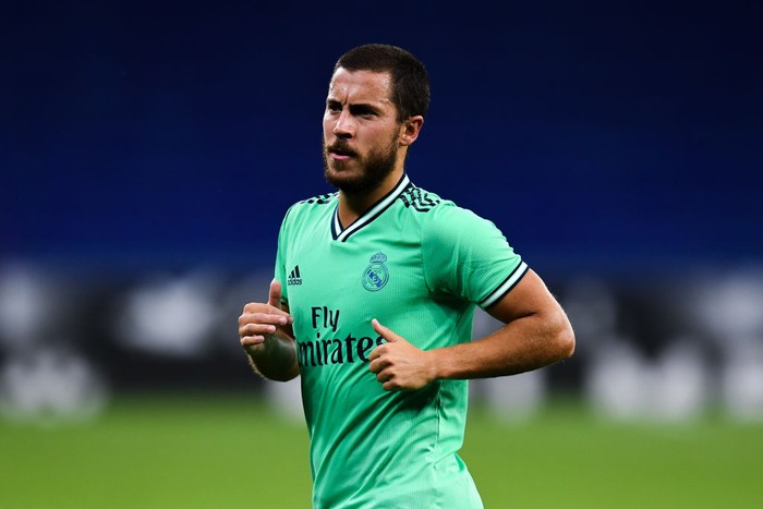 BARCELONA, SPAIN - JUNE 28: Eden Hazard of Real Madrid CF looks on during the Liga match between RCD Espanyol and Real Madrid CF at RCDE Stadium on June 28, 2020 in Barcelona, Spain. (Photo by David Ramos/Getty Images)