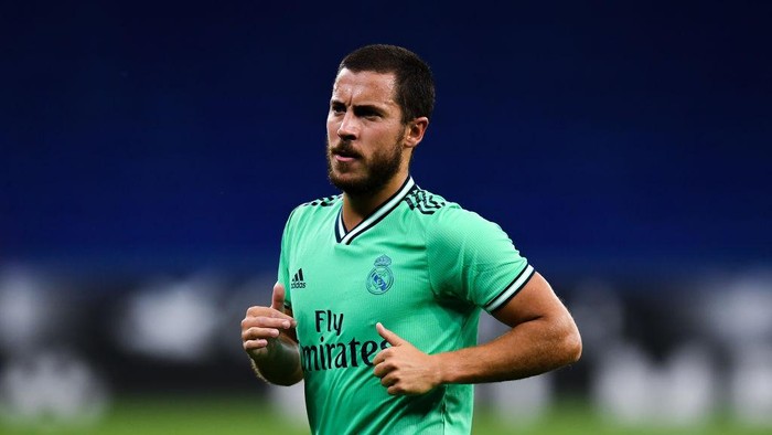 BARCELONA, SPAIN - JUNE 28: Eden Hazard of Real Madrid CF looks on during the Liga match between RCD Espanyol and Real Madrid CF at RCDE Stadium on June 28, 2020 in Barcelona, Spain. (Photo by David Ramos/Getty Images)
