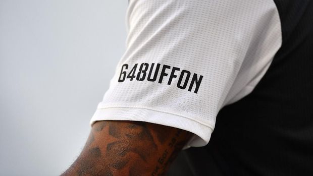 TURIN, ITALY - JULY 04: A detail of the commemorative shirt for the 648 matches in Serie A of Gianluigi Buffon during the Serie A match between Juventus and Torino FC at Allianz Stadium on July 4, 2020 in Turin, Italy. (Photo by Valerio Pennicino/Getty Images )