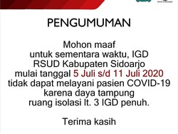 RSUD Sidoarjo Perpanjang Tak Terima Pasien COVID-19 Hingga 11 Juli