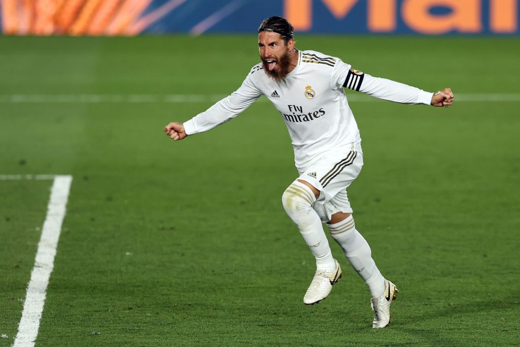 BILBAO, SPAIN - JULY 05: Sergio Ramos of Real Madrid scores a penalty for his team's first goal during the La Liga match between Athletic Club and Real Madrid CF at San Mames Stadium on July 05, 2020 in Bilbao, Spain. Football Stadiums around Europe remain empty due to the Coronavirus Pandemic as Government social distancing laws prohibit fans inside venues resulting in all fixtures being played behind closed doors. (Photo by Juan Manuel Serrano Arce/Getty Images)