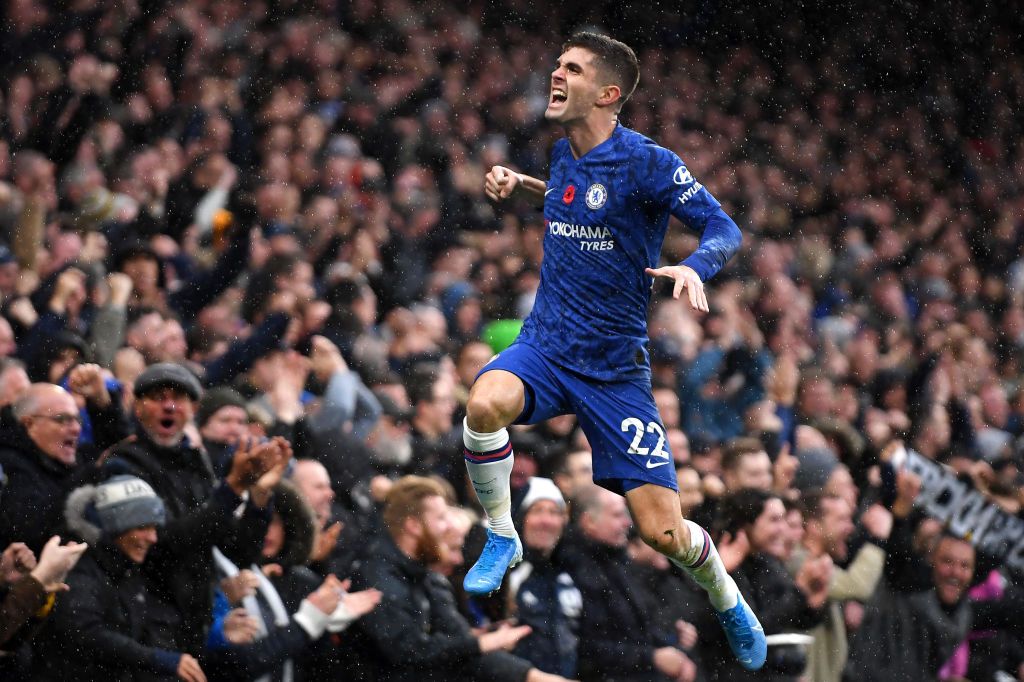 LONDON, ENGLAND - NOVEMBER 09: Christian Pulisic of Chelsea celebrates after scoring his team's second goal during the Premier League match between Chelsea FC and Crystal Palace at Stamford Bridge on November 09, 2019 in London, United Kingdom. (Photo by Mike Hewitt/Getty Images)
