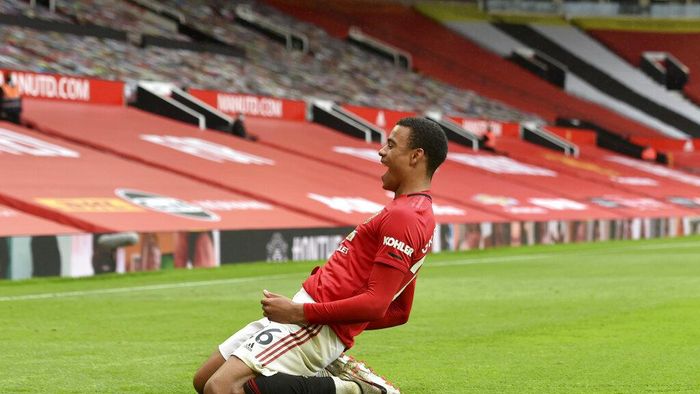 Mason Greenwood Manchester Uniteds Mason Greenwood celebrates after scoring a goal during the English Premier League soccer match between Manchester United and Bournemouth at Old Trafford stadium in Manchester, England, Saturday, July 4, 2020. (Peter Powell/Pool via AP)