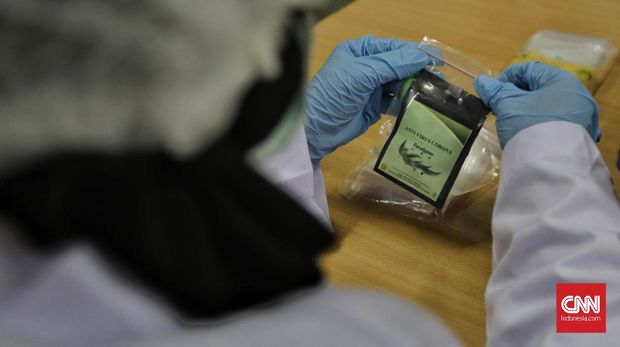 Pengemasan hasil pengolahan minyak Eucalyptus menjadi sediaan serbuk berteknologi nano dari laboratorium nanoteknologi Balai Penelitian dan Pengembangan Kementrian Pertanian , Bogor , menjadi prototipe kalung aromaterapi bernama antivirus korona Eucalyptus , Selasa, 7 Juli 2020.