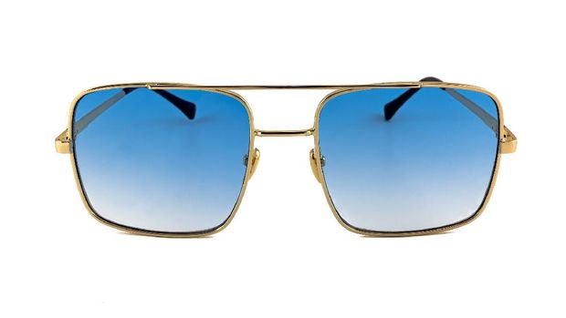 Blue pilot aviator, gold rimmed, gradient sunglasses isolated on white background, front view